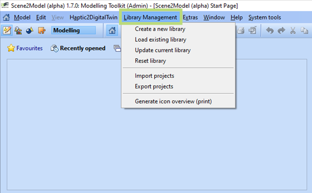 screenshot of the modelling tool interface, with the menu entry for Library Management highlighted