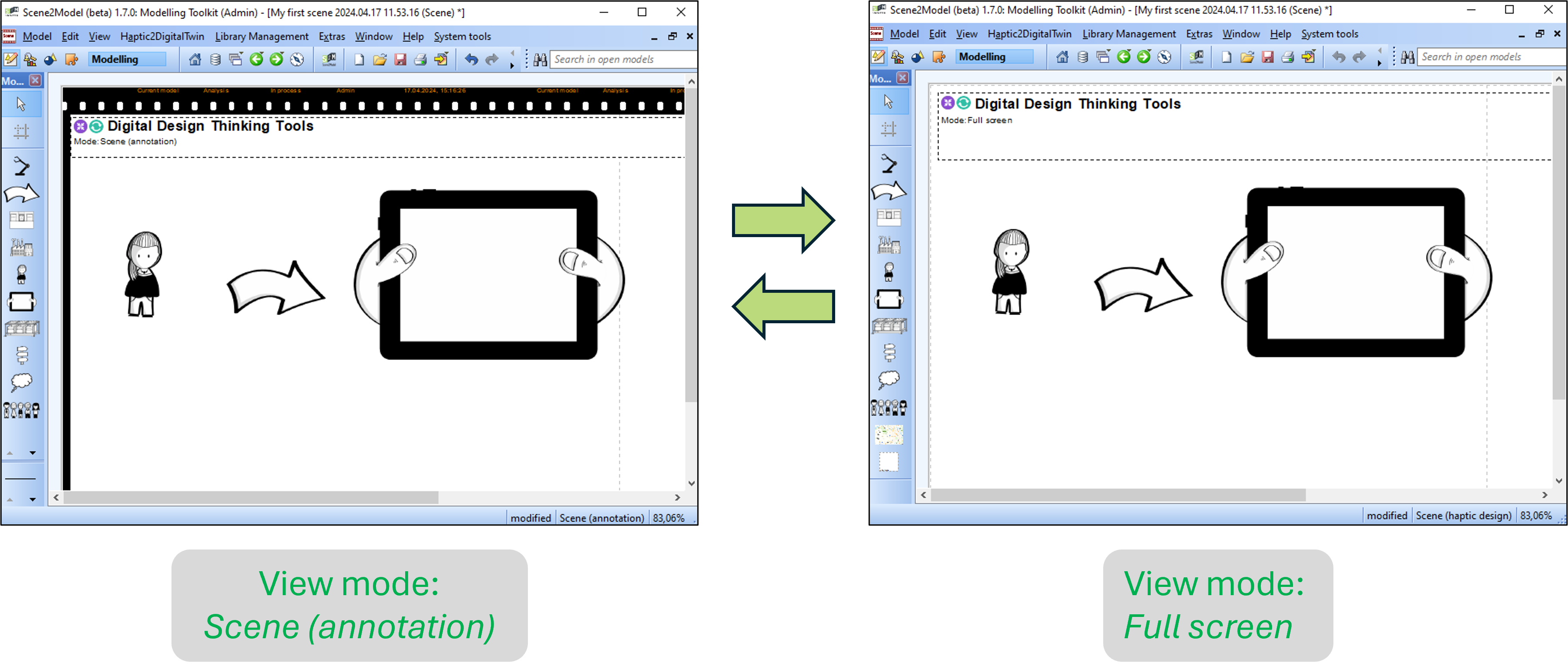 picture showing the difference between scene and full screen mode